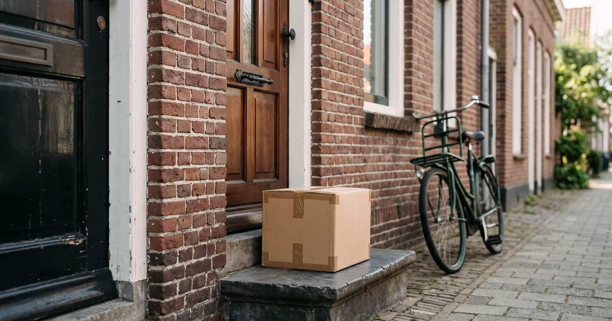 A neatly taped plain brown cardboard parcel waiting on the doorstep of a Dutch brick row house, morning light, a bicycle leaning out of focus against the wall