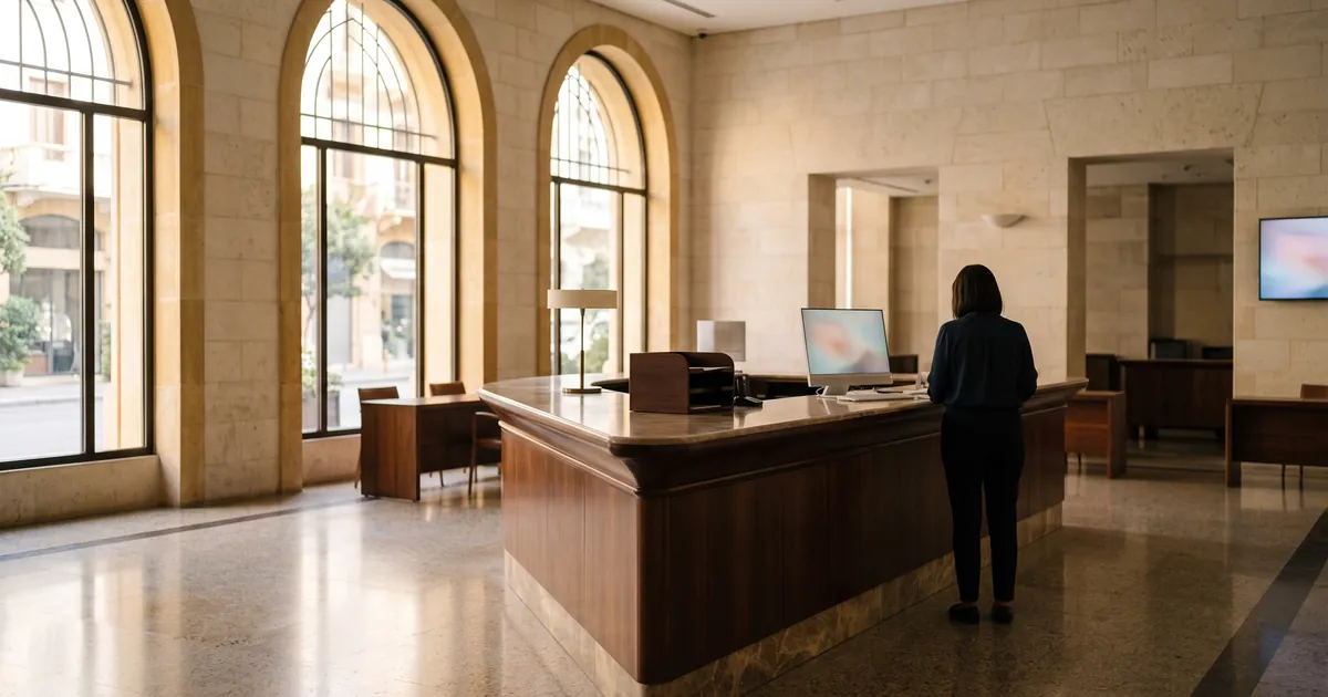 A quiet, elegant bank branch interior in Beirut with pale limestone walls and tall arched windows, an empty polished service counter, Mediterranean afternoon li