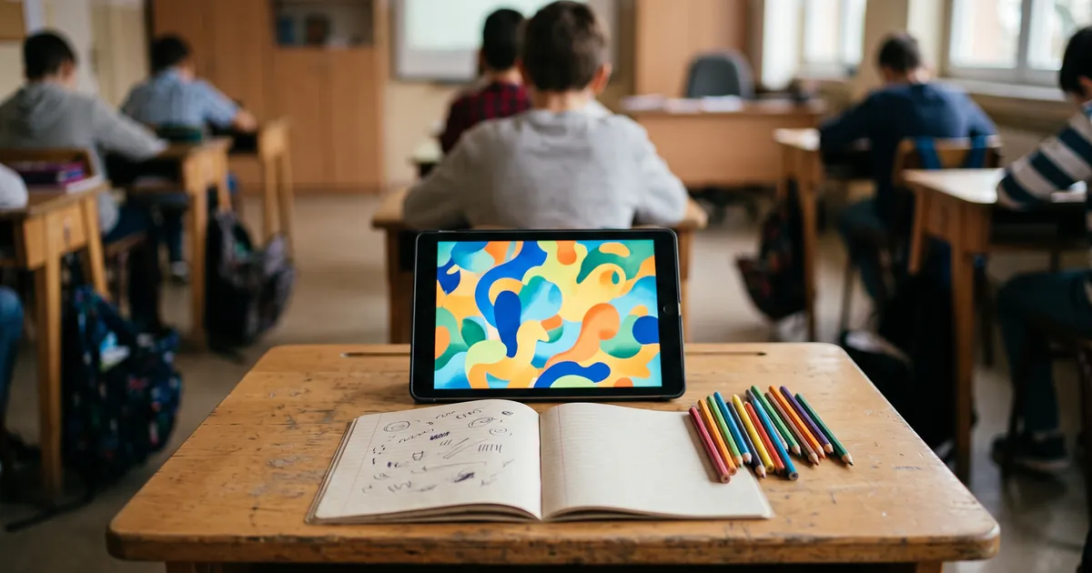 A classroom desk with a tablet showing a colourful illustrated textbook page made of abstract shapes, an open notebook and coloured pencils, pupils softly blurr