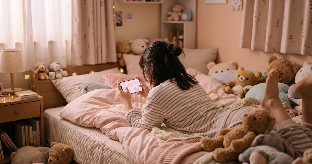 A cosy pastel bedroom in Japan, a young person seen from behind lying on the bed playing a cute casual game on a smartphone, soft pink evening light, generic pl