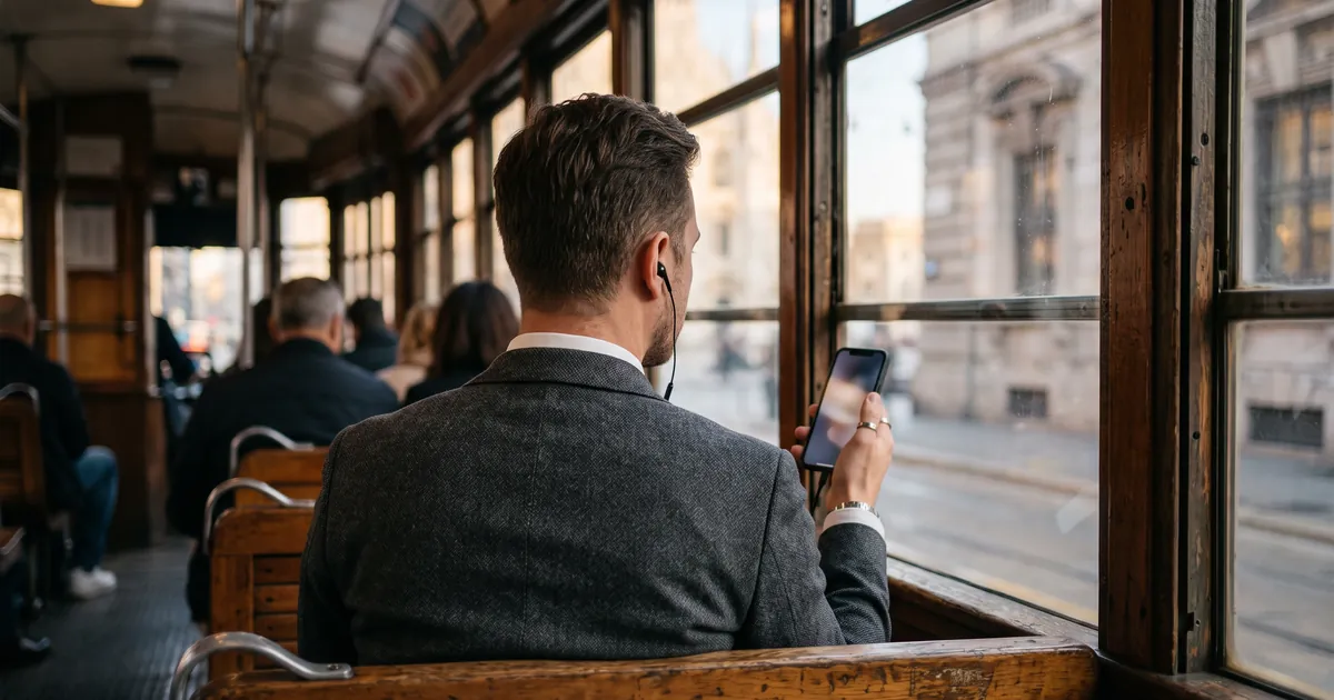 A business commuter on a Milan tram seen from behind, wearing earbuds and holding a smartphone, the screen not visible, historic city facades blurred through th