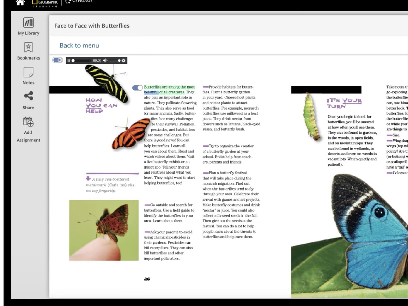 Learning management system course page with the ReadSpeaker player, a lesson about butterflies.