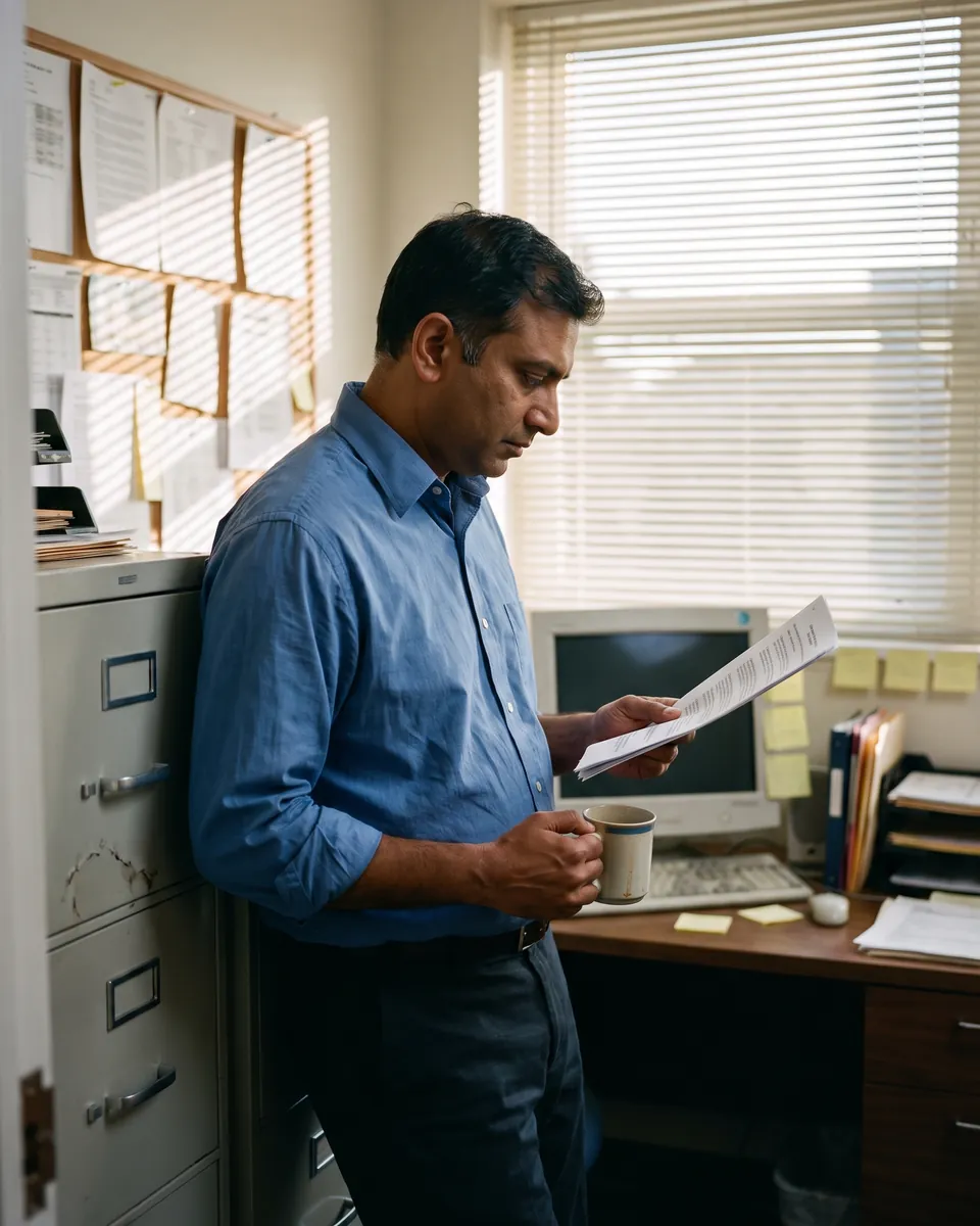 A school administrator reads a printed report by a filing cabinet, a mug of coffee in his hand.