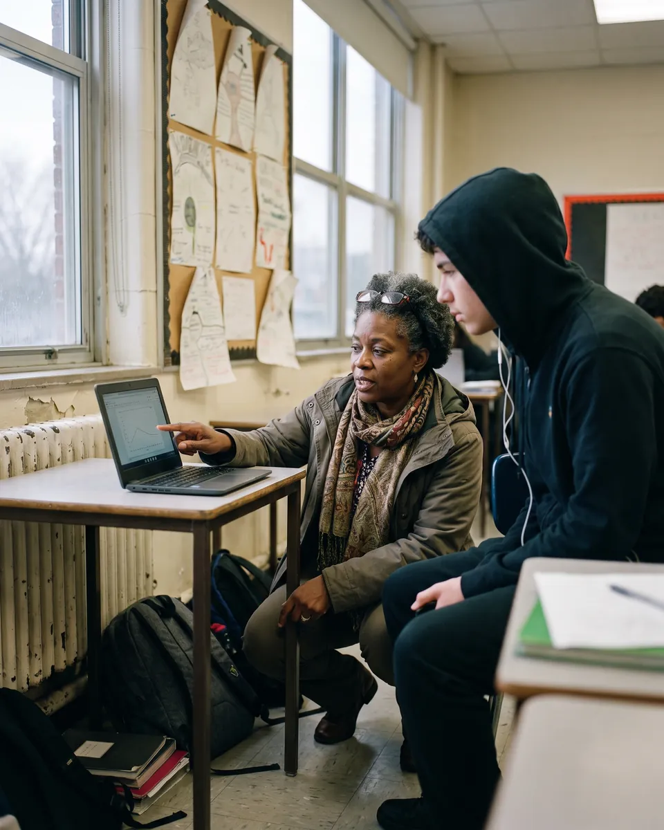 A teacher crouches beside a student’s desk and points at a laptop while the student listens with earphones.
