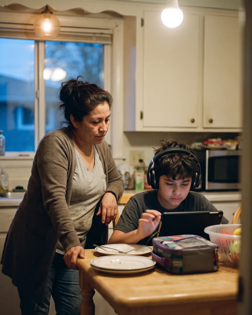 A mother leans on the kitchen table beside her son, who listens with headphones while following a tablet.