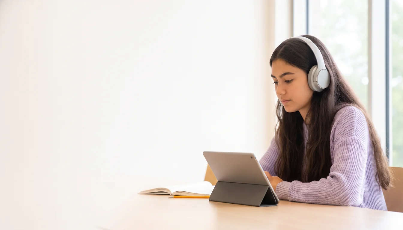 A student wearing headphones reads on a tablet at a bright library table.