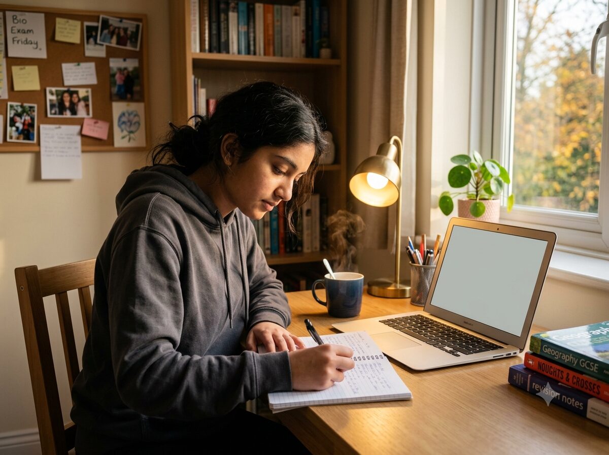 University student doing homework at home using TextAid to assist with writing
