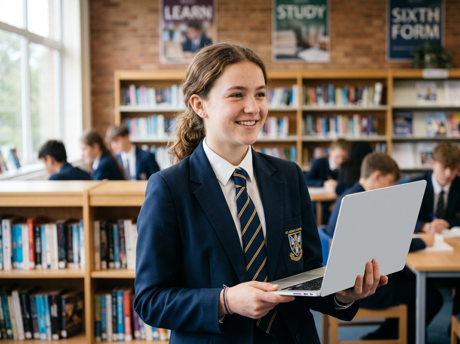 A student working in a UK sixth-form library.