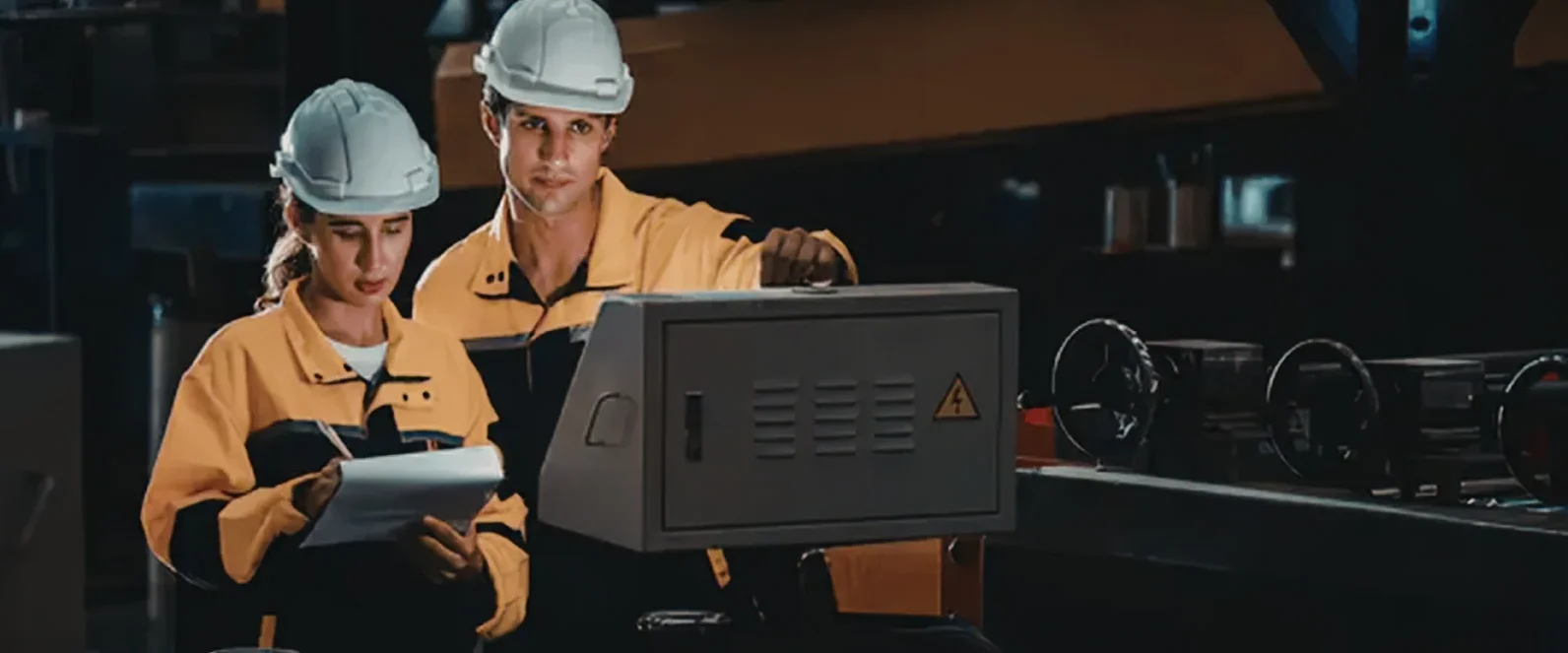 Two factory workers wearing hard hats inspecting information on a display next to industrial machinery.