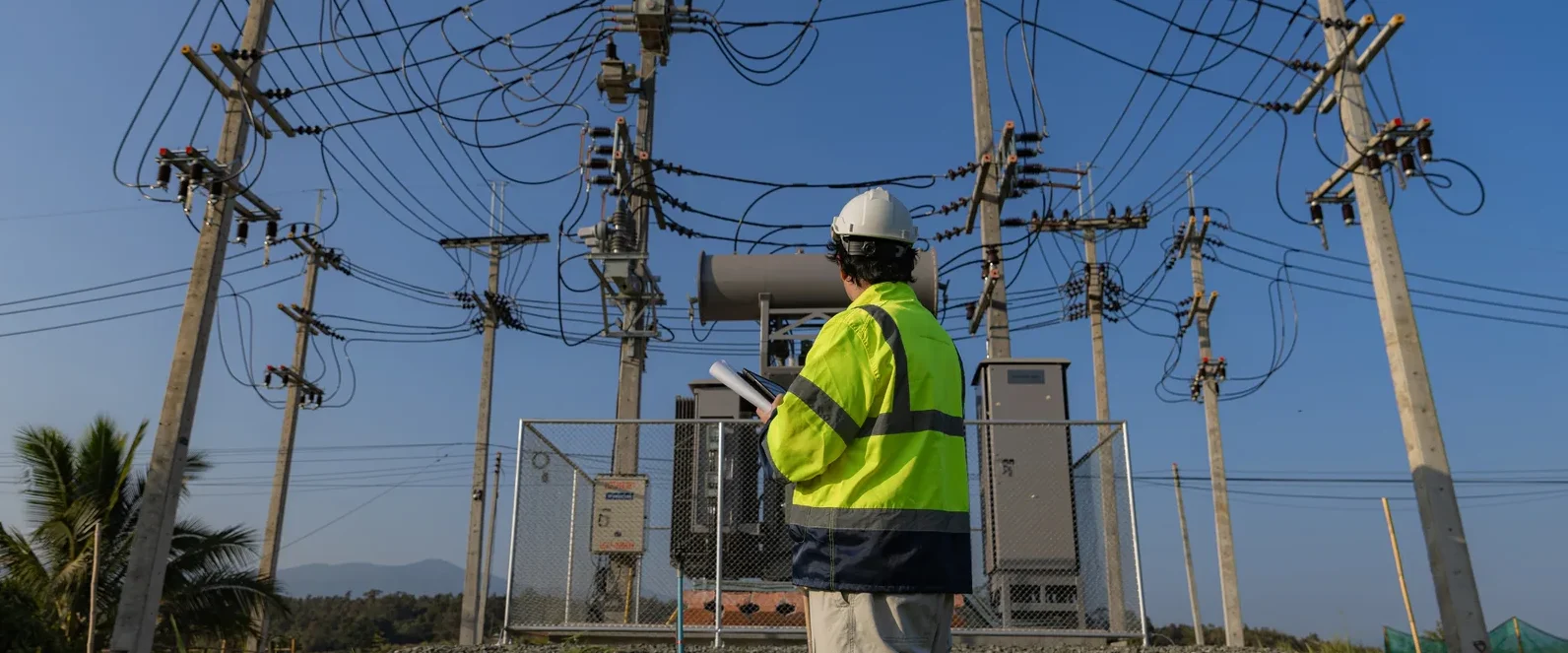 Field technician in a hard hat and high-visibility jacket checking a tablet beneath power lines.