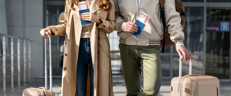 Couple at the airport with luggage and boarding passes, ready for travel adventure.