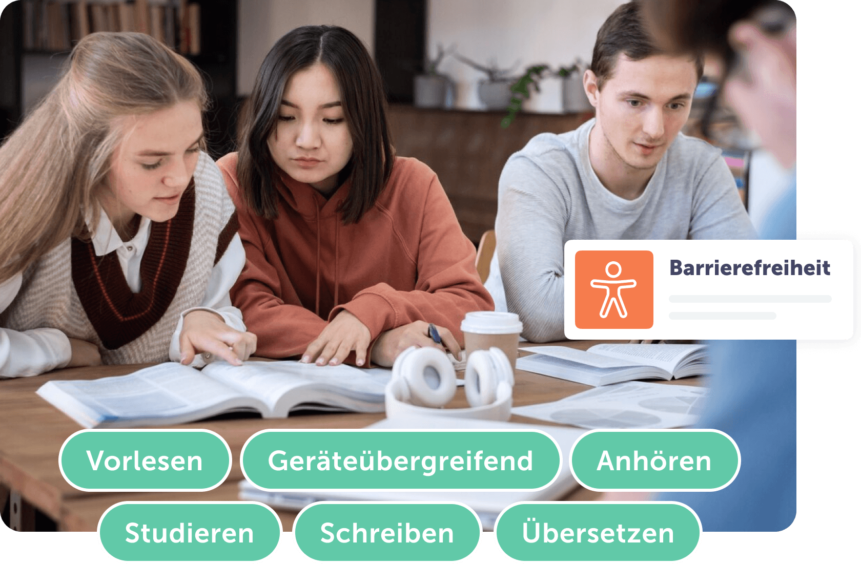 Studierende arbeiten gemeinsam an Lernmaterialien mit Fokus auf Barrierefreiheit-Funktionen und Tools.