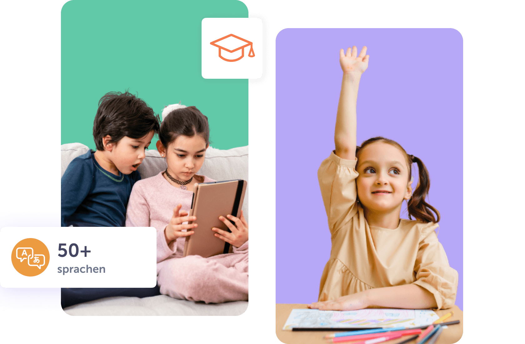 Kinder lernen spielerisch Sprachen, während eines ein Mädchen fröhlich die Hand hebt.