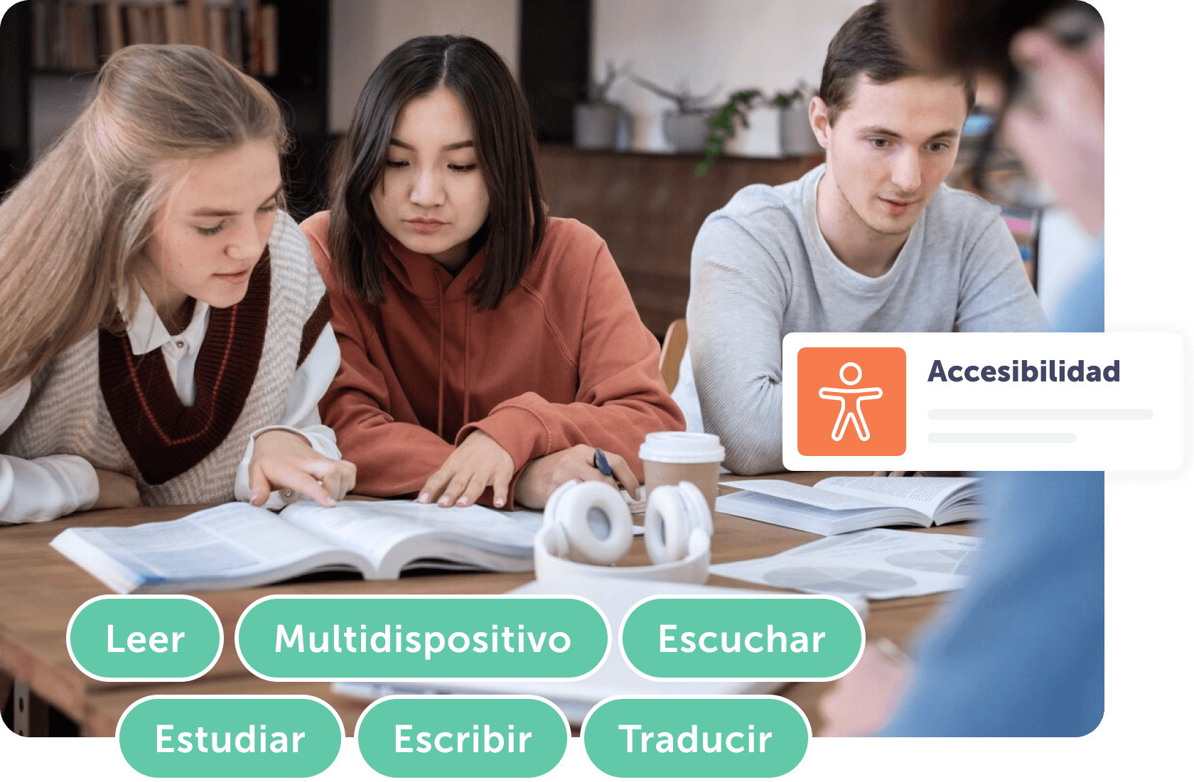 Estudiantes colaborando en materiales de estudio con enfoque en características y herramientas de accesibilidad.