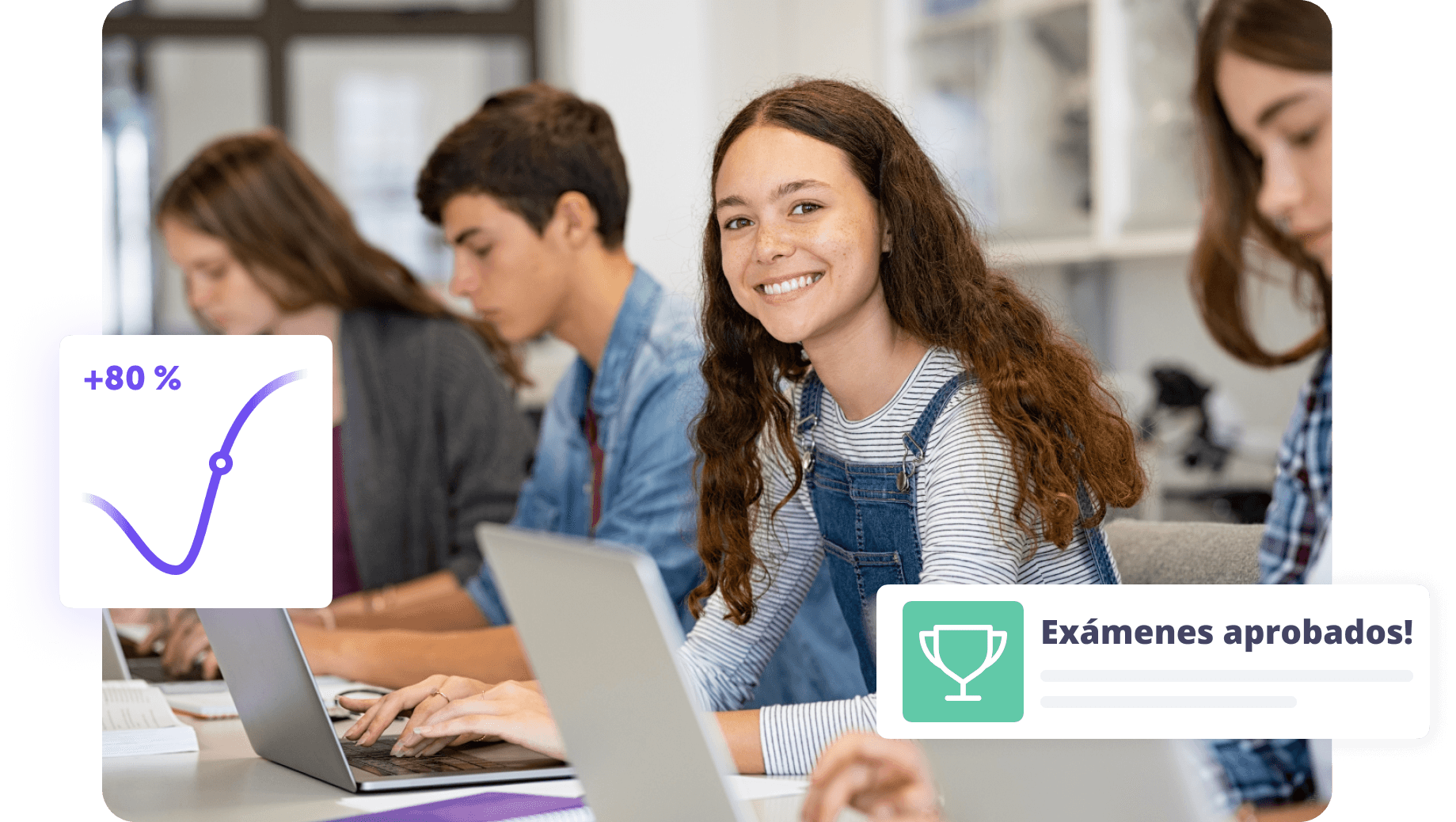 Estudiante sonriente en clase, usando laptop, con gráficos de progreso y logros académicos.