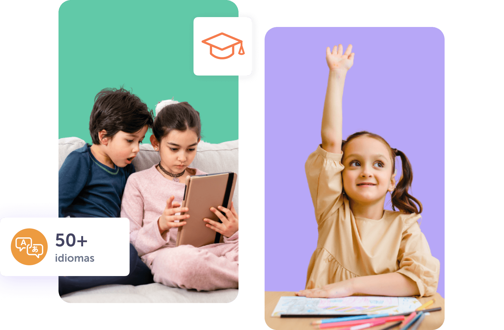 Niños aprendiendo idiomas en tablet, niña levantando la mano en un entorno educativo.