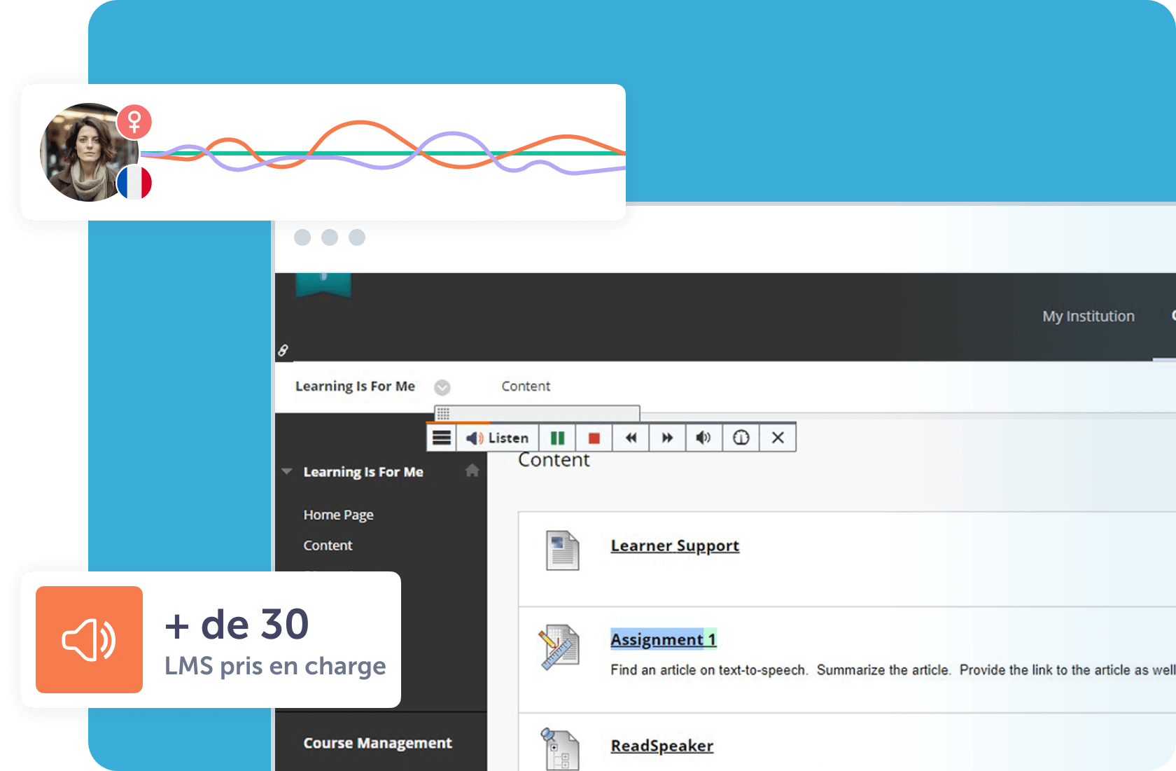 Interface utilisateur d'une plateforme d'apprentissage avec options audio et support visuel.