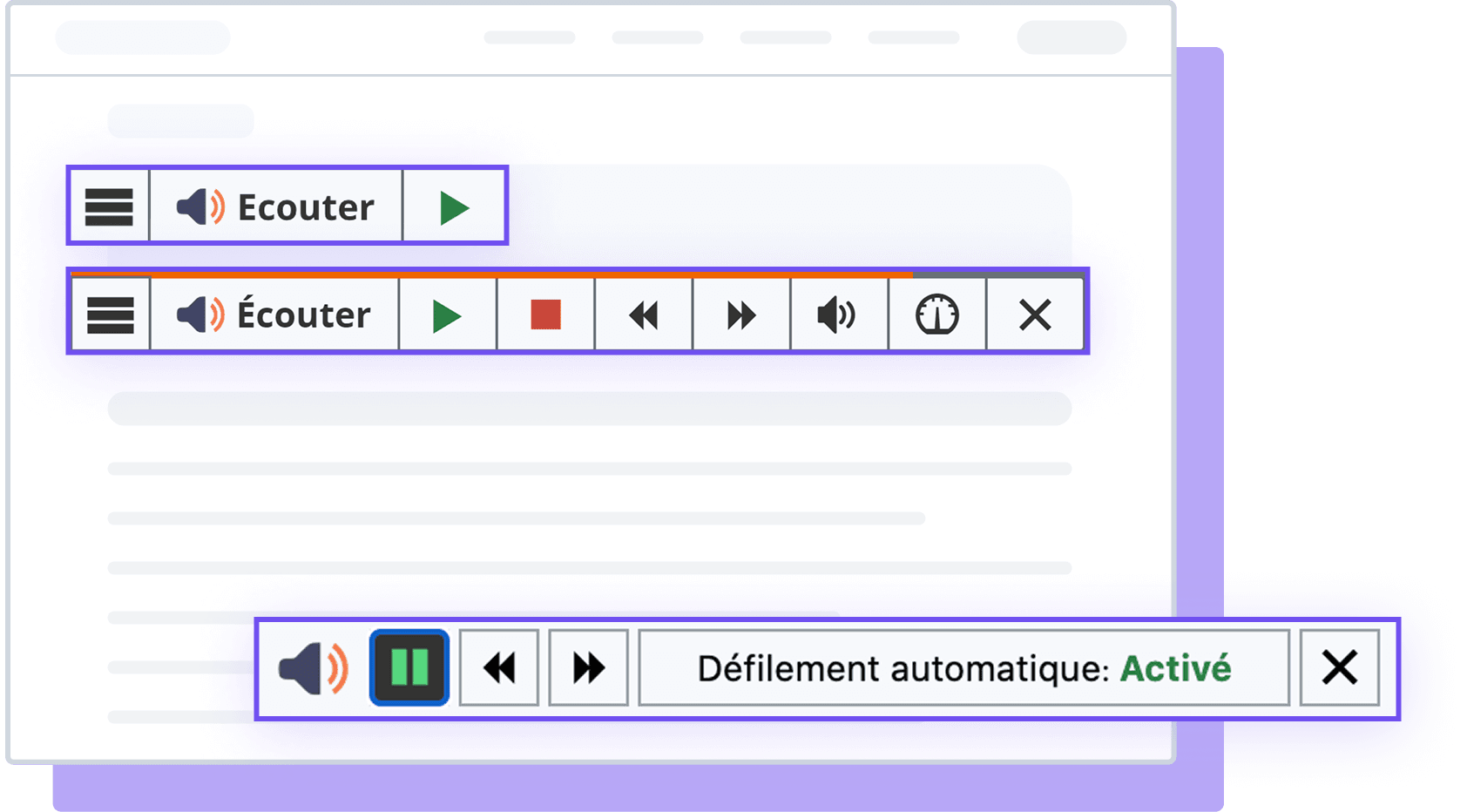 Illustrations de l'outil ReadSpeaker webReader avec le défilement automatique activé.