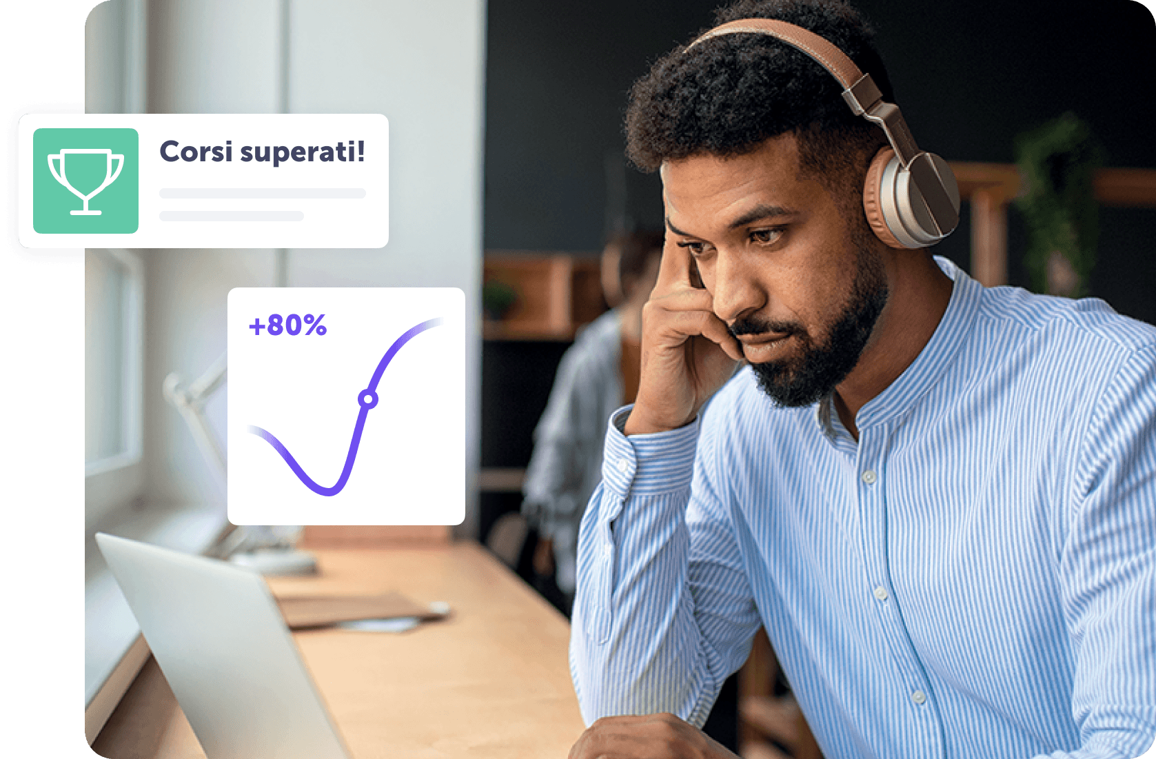 Uomo concentrato con cuffie, laptop e grafico di successo +80% in uno spazio di lavoro moderno.