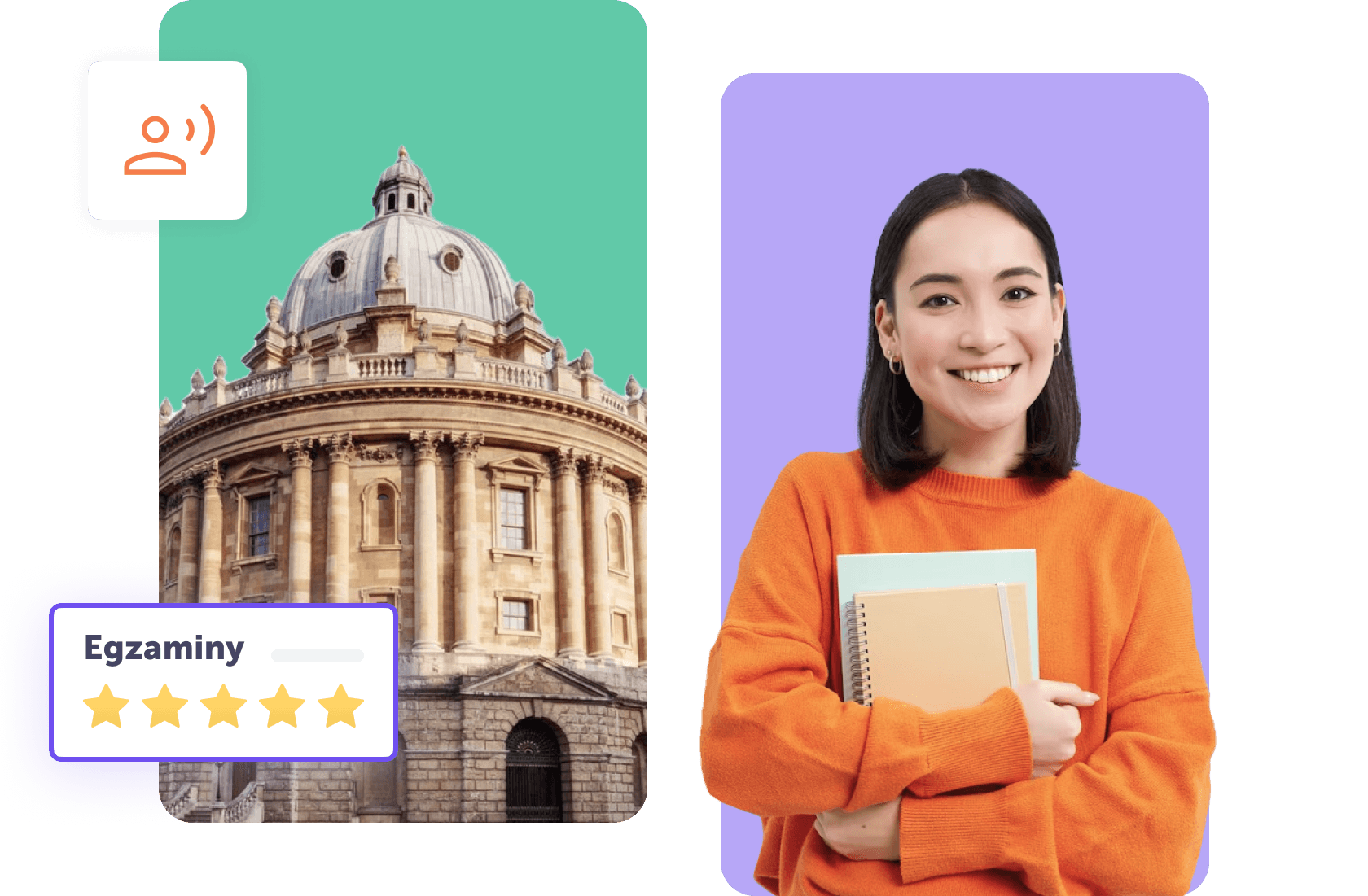 Kobieta w pomarańczowym swetrze trzyma notatniki obok zabytkowego budynku.