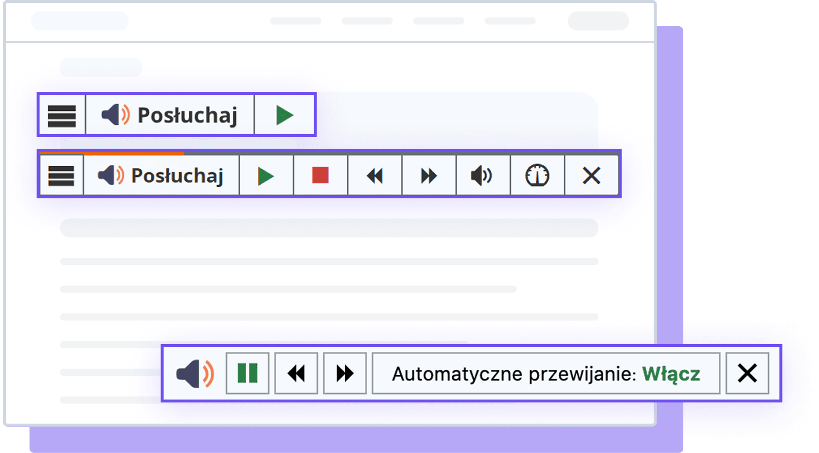 Interfejs odtwarzacza audio z przyciskami i opcją automatycznego przewijania.
