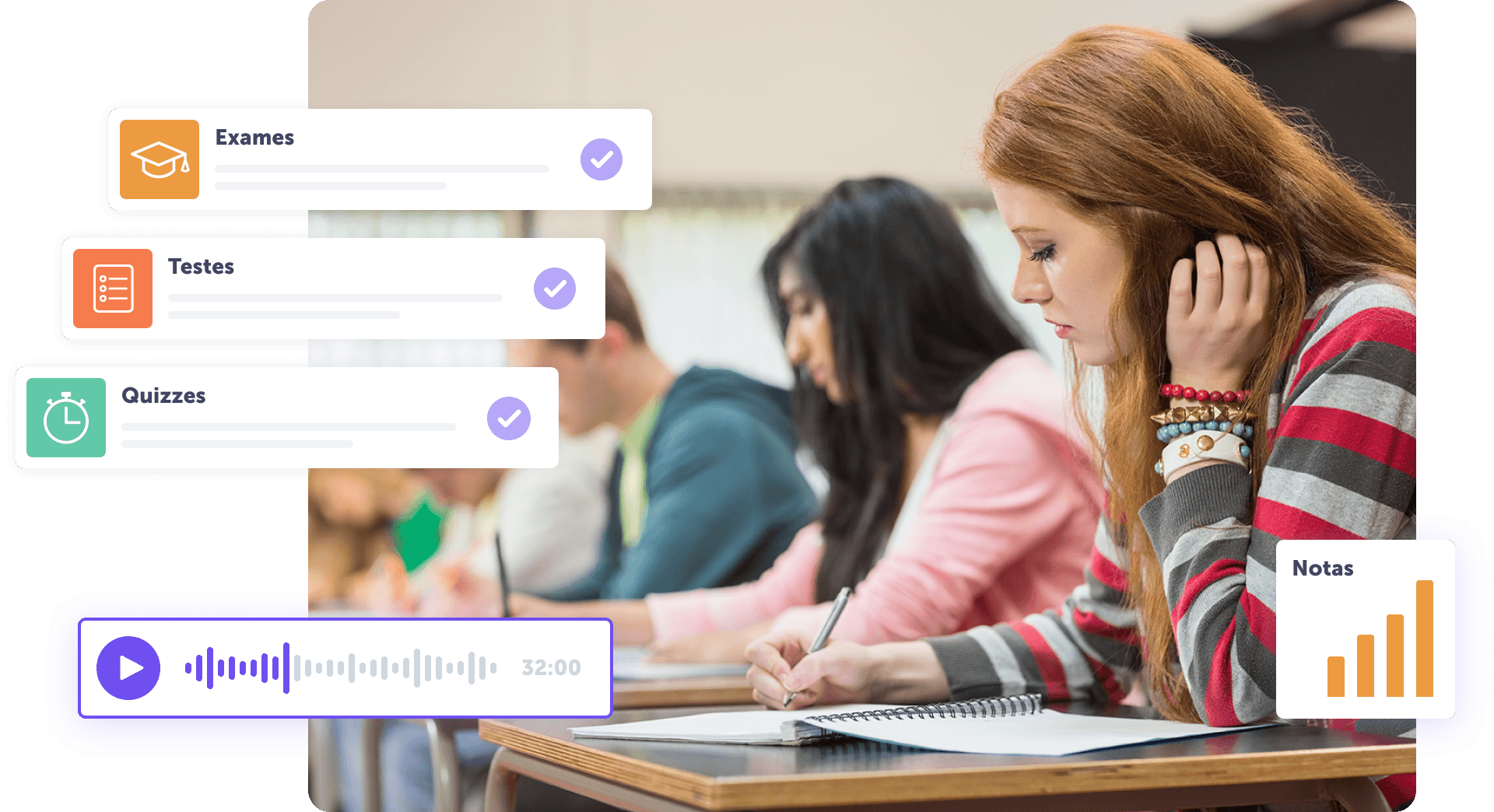 Estudantes em sala de aula focados em exames, testes e quizzes com gráficos de notas.