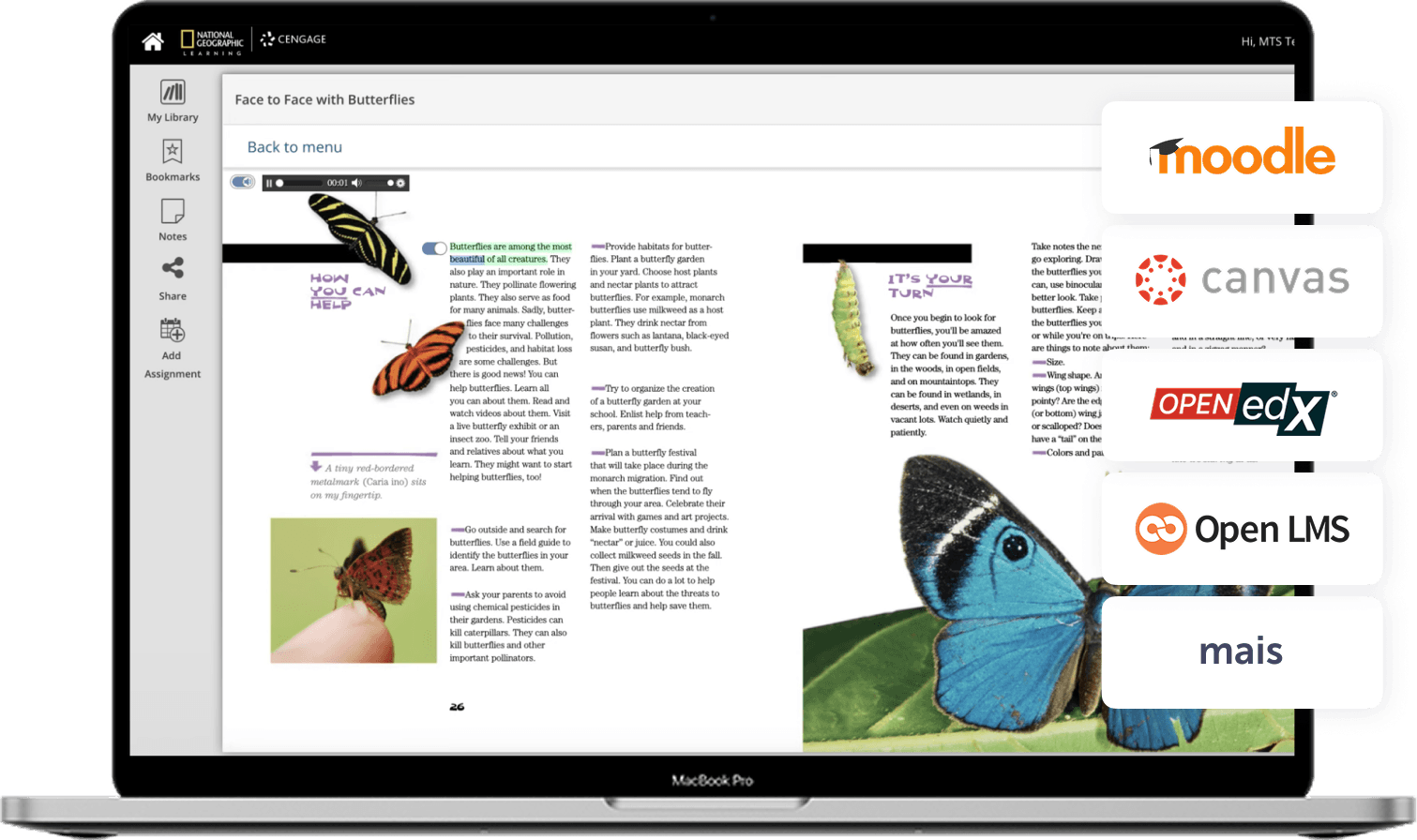 Livro digital sobre borboletas, com imagens e opções de aprendizado interativo em um MacBook.