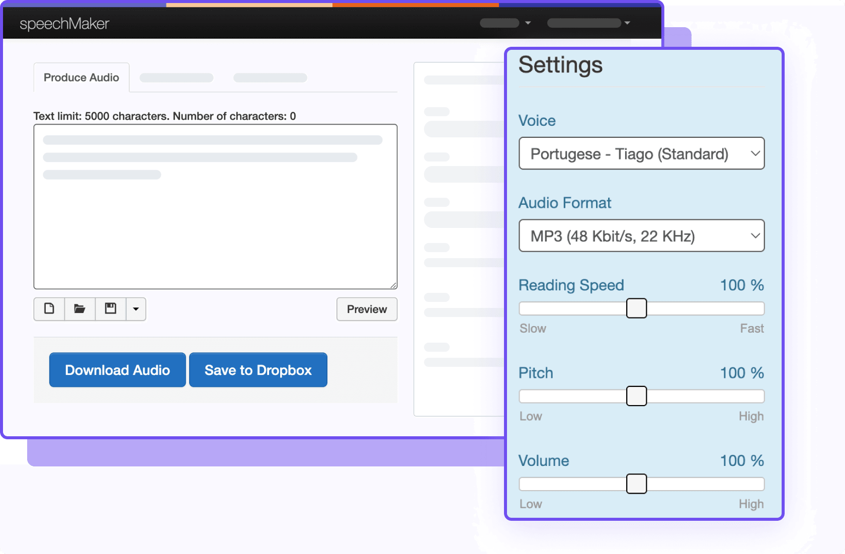 Interface do SpeechMaker mostrando opções de áudio, incluindo voz e configurações de download.