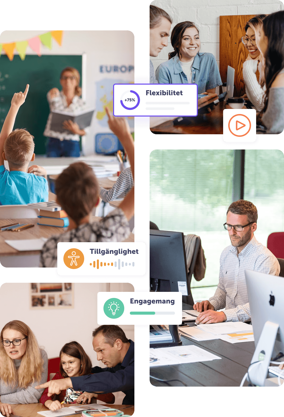 Flera grupper som deltar i interaktiva lärandeaktiviteter och diskussioner.