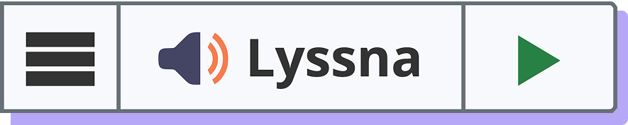 ReadSpeaker webReader Lyssna-knapp, som också visar menyikonen för att öppna menyn och en grön spela-ikon.