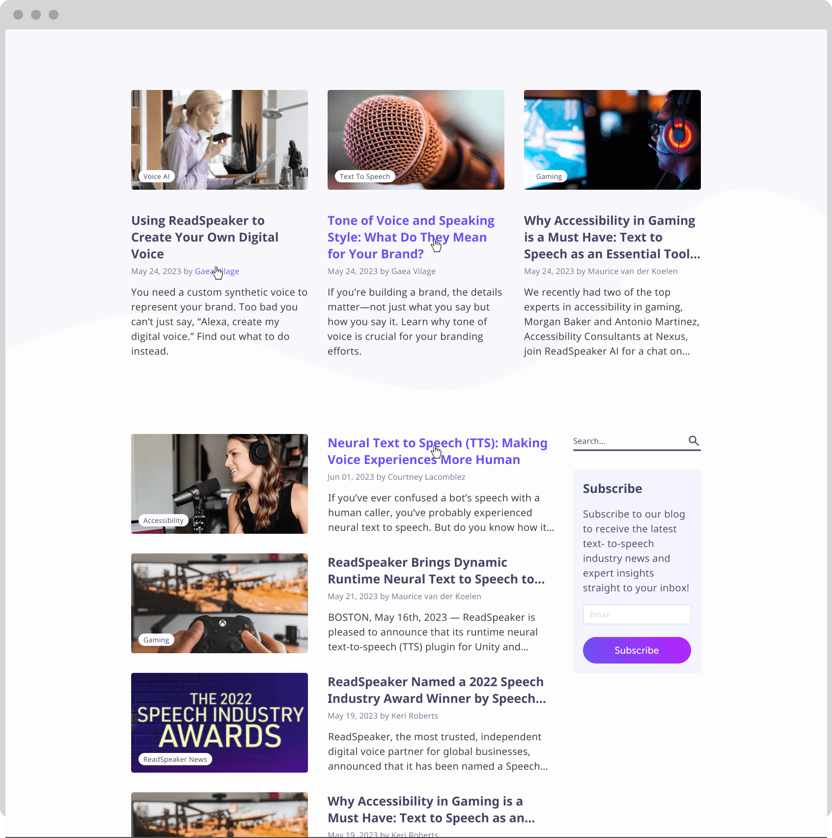 Blog layout featuring articles on voice technology and accessibility in gaming.