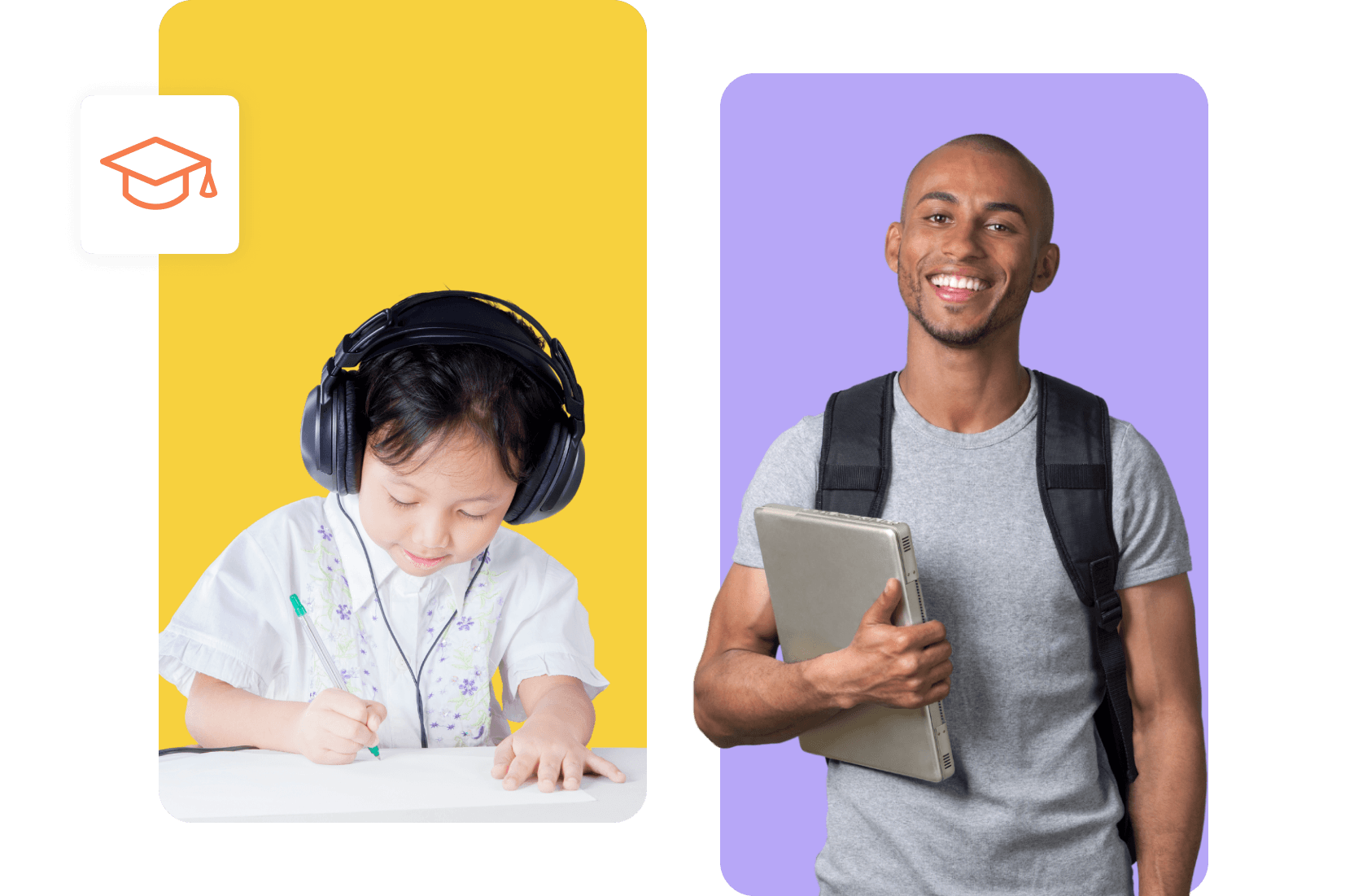 Child studying with headphones alongside a smiling man holding a tablet.
