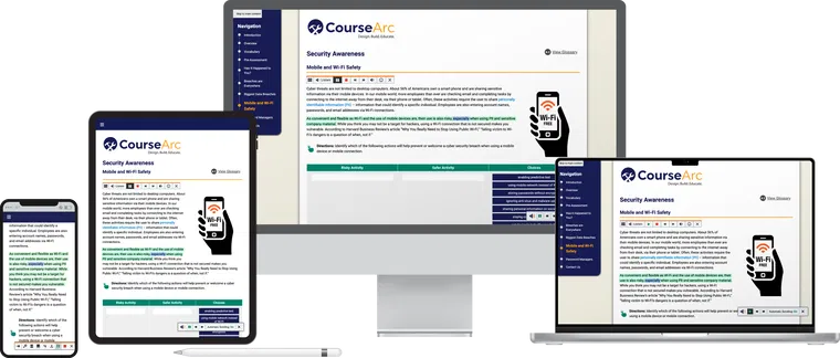 CourseArc learning interface displayed on multiple devices with ReadSpeaker text-to-speech tool.