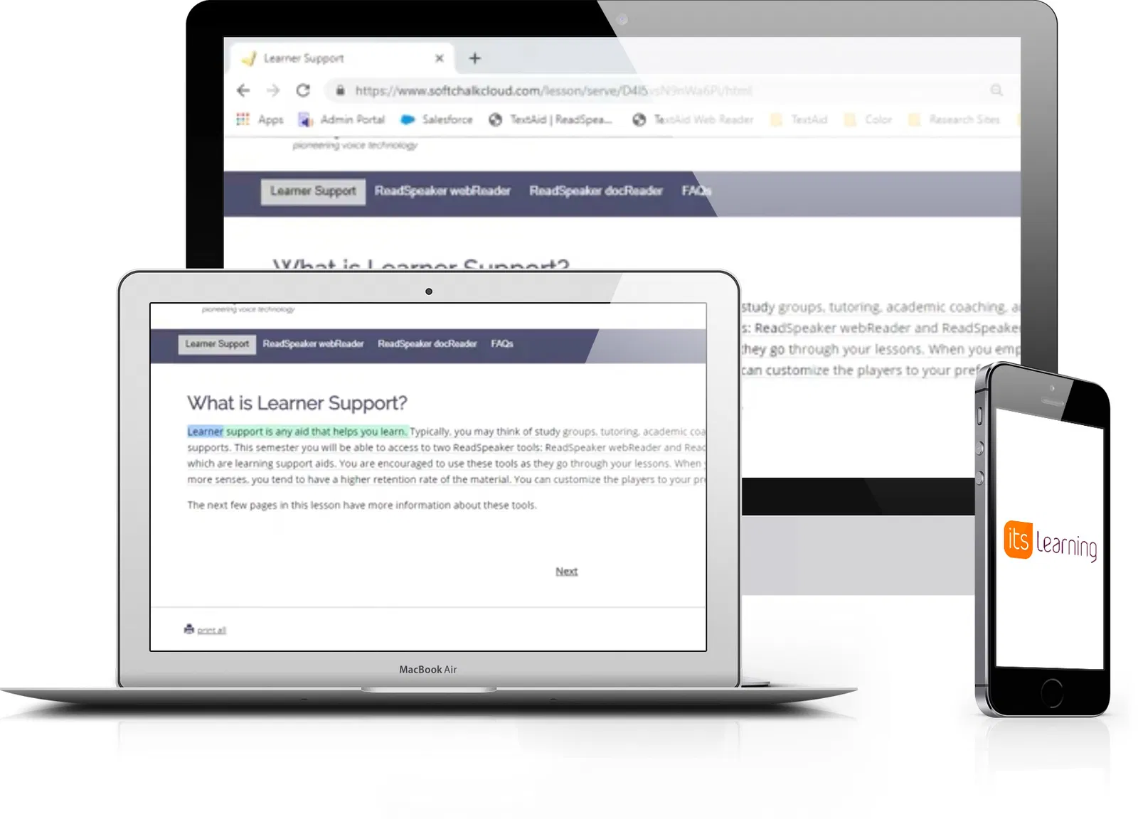ReadSpeaker interface displayed on itslearning platform, highlighting learning modules and resources.