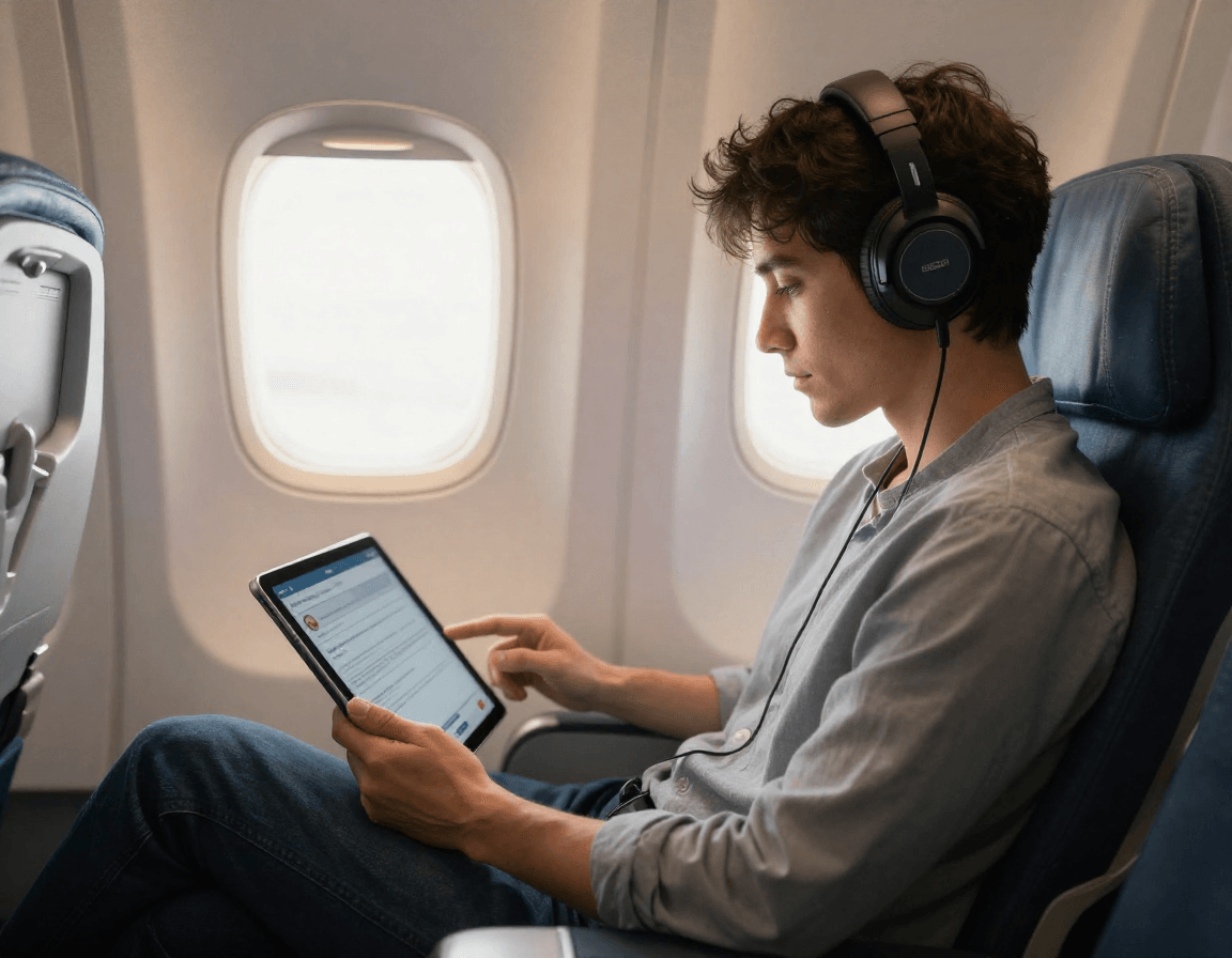 Ein Mann sitzt im Flugzeug und nutzt ein Tablet mit Kopfhörern.