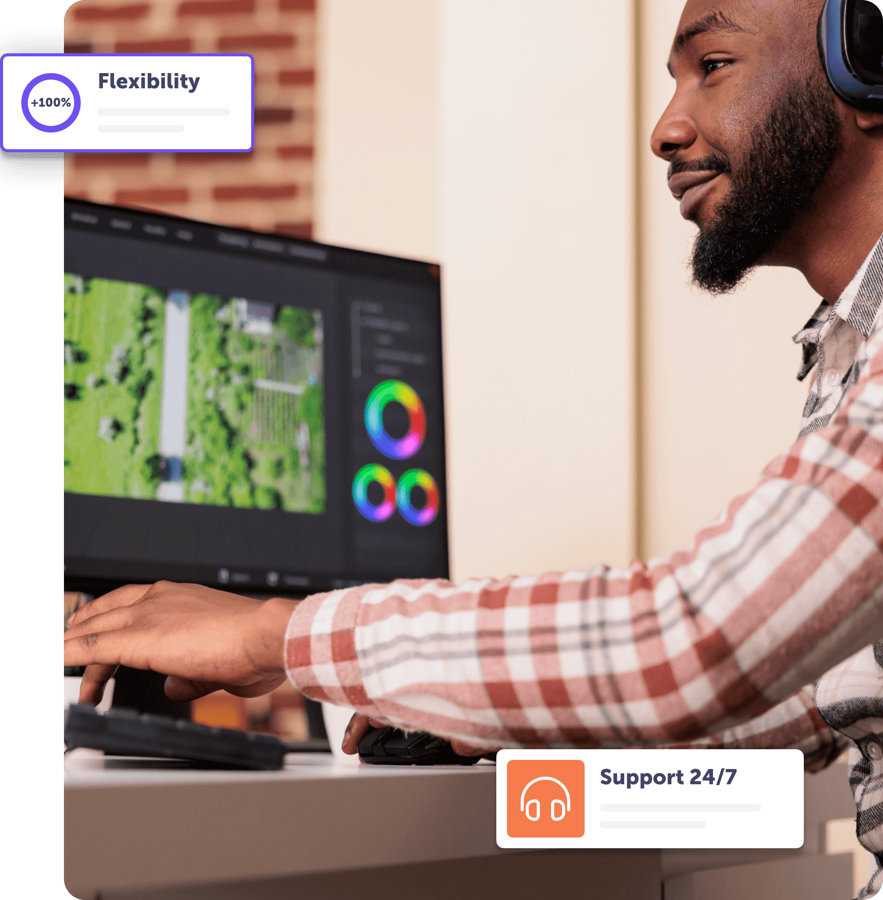 Professional working at a dual monitor setup showcasing productivity features and support options.