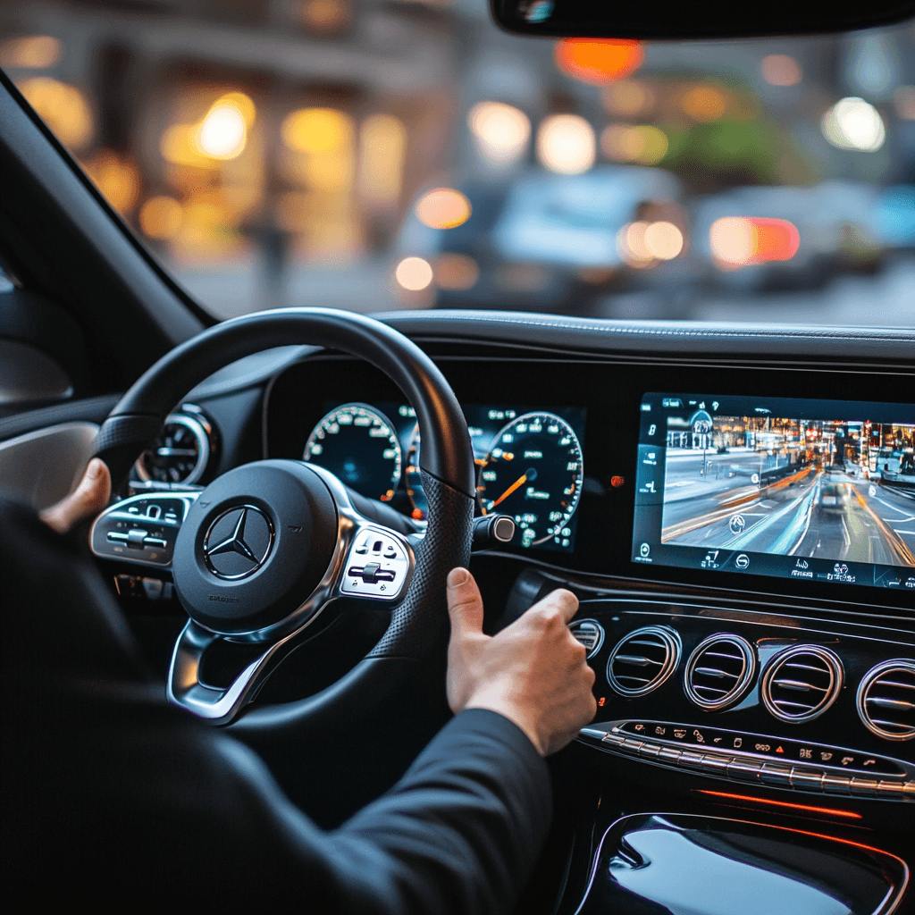 Vadītāja rokas uz Mercedes stūres ar digitālo paneli un pilsētas gaismas fonā.