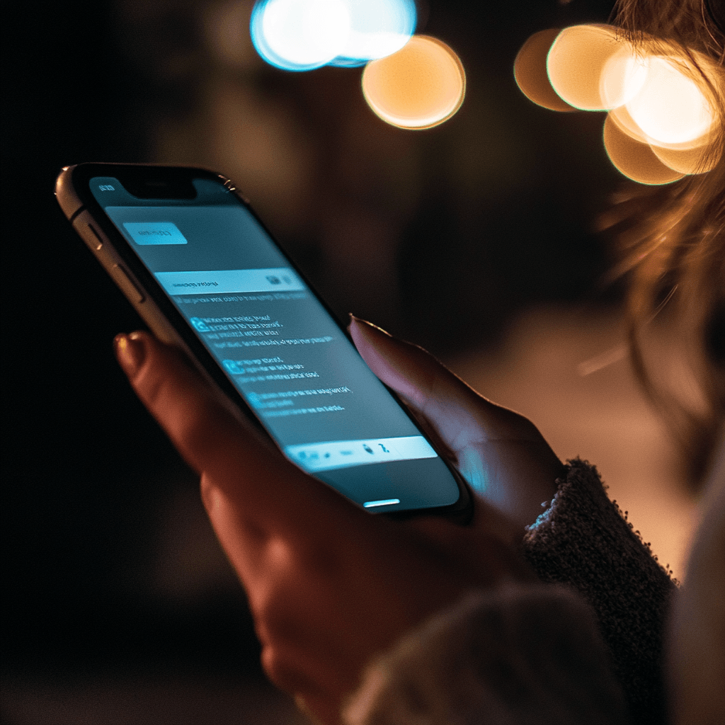 Persona, kas tur viedtālruni naktī, apgaismota ar bokeh gaismām fonā.