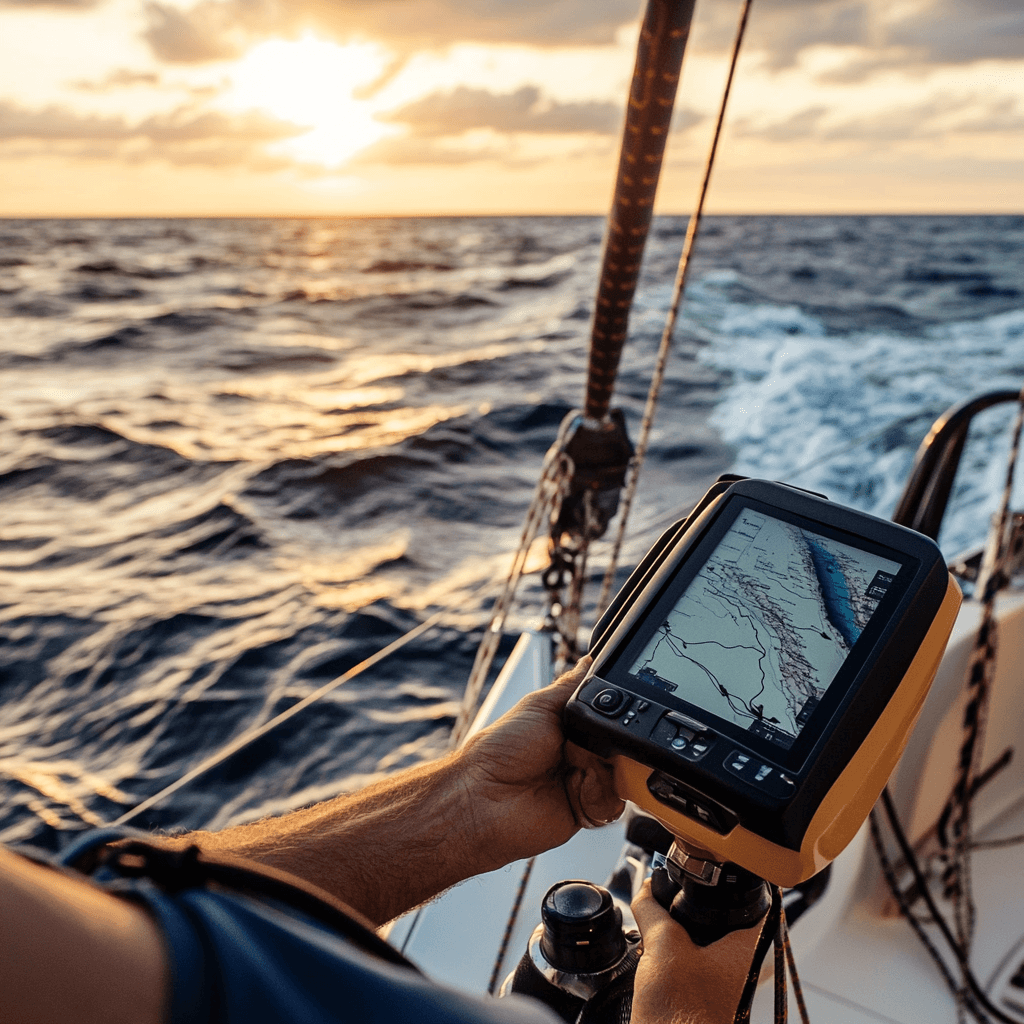 Jūrnieks, kas izmanto GPS ierīci laivā saulrietā ar okeāna viļņiem fonā.