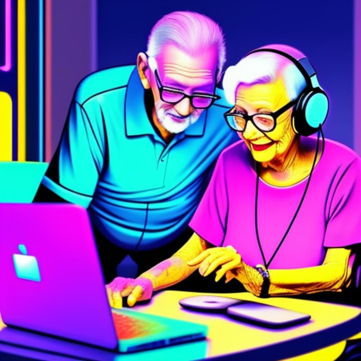 Two elderly people in front of a computer