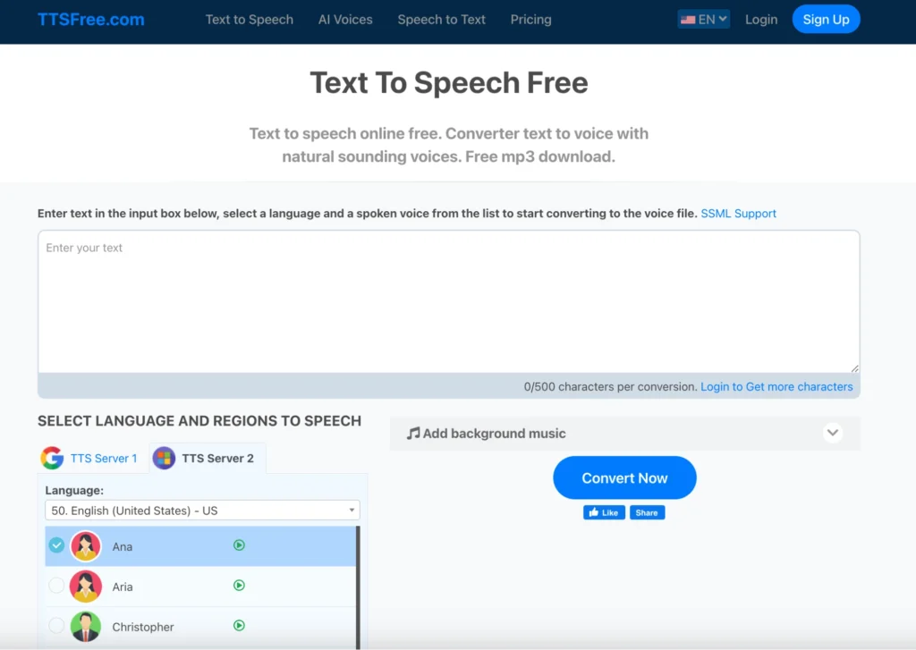 Page d’accueil de TTSfree.com.