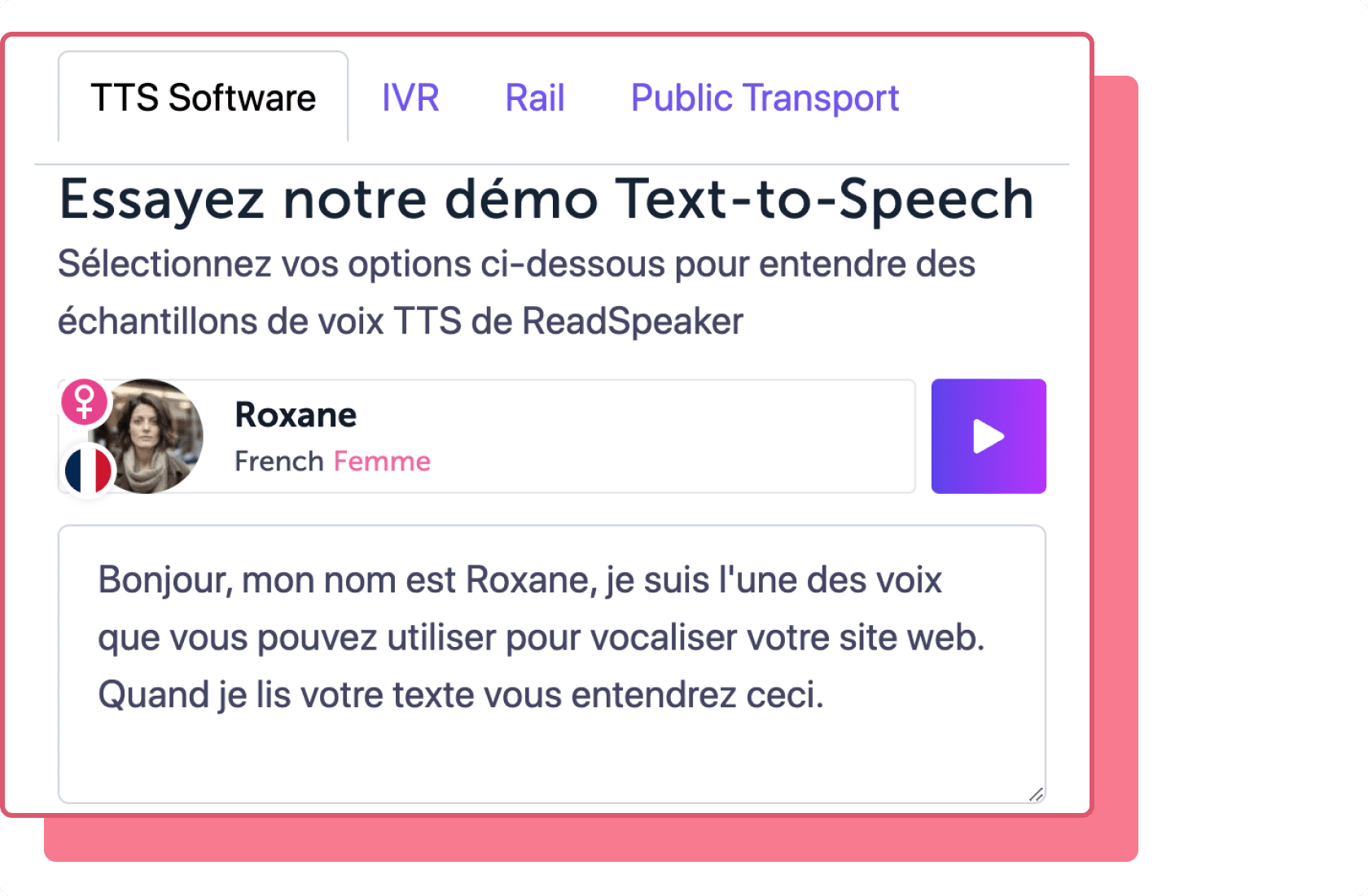 Illustration de démonstration ReadSpeaker avec un avatar de femme française. La voix s'appelle Roxane.