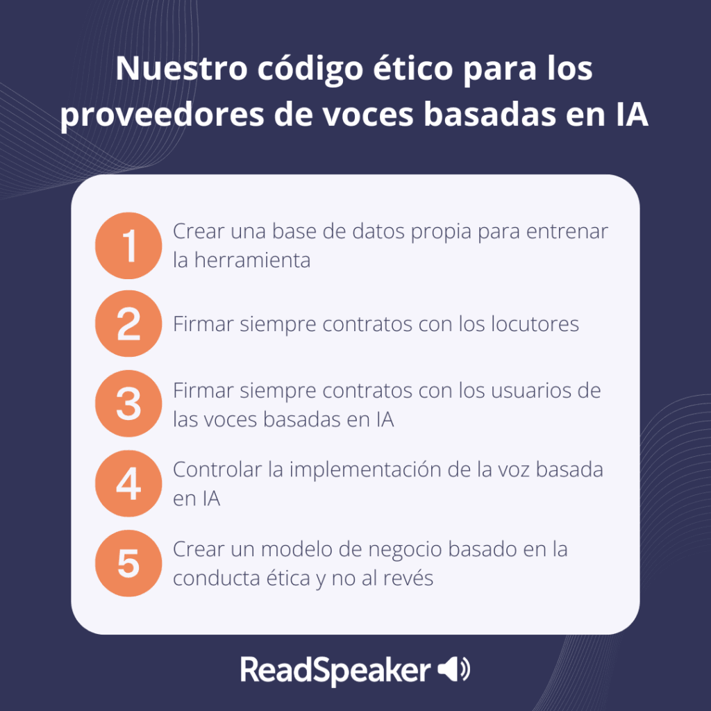 Pautas éticas de ReadSpeaker para proveedores de voz de IA.