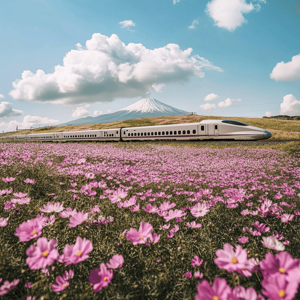 A bullet train crossing a field of flowers