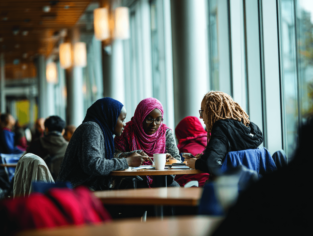 Three women learn around a table in a library.