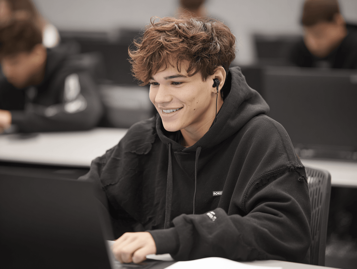 Student with headphones working on a computer.