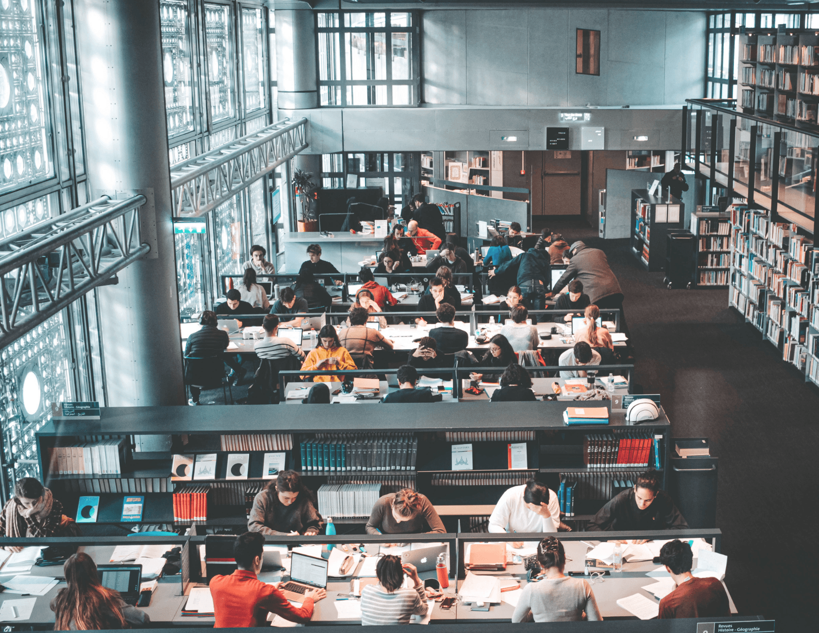 A library with students studying.