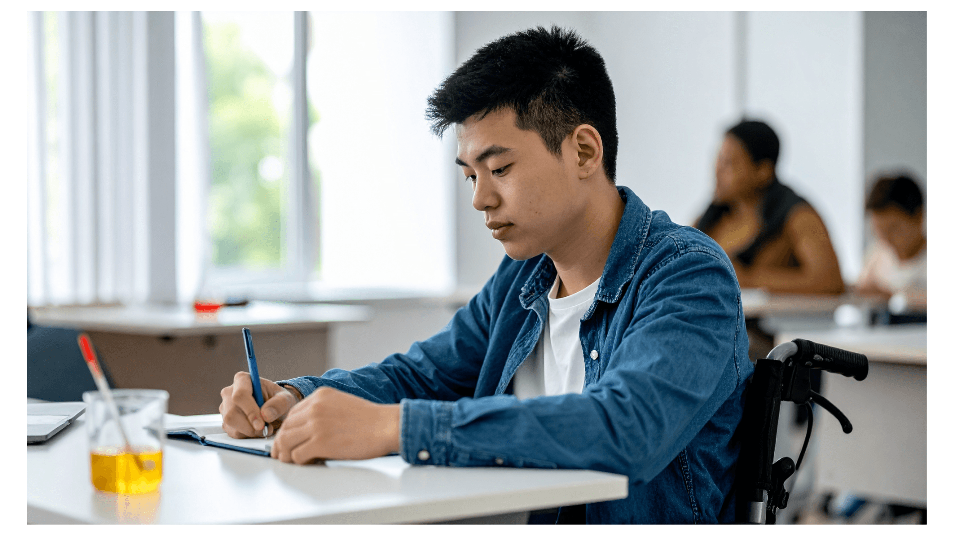 Student sitting at a desk in classroom, representing exam accessibility.