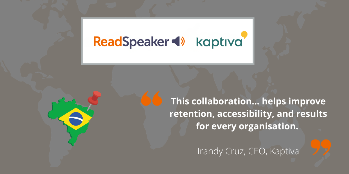 Image showing map of Brazil and the logos of ReadSpeaker and Kaptiva, representing new partnership agreement.