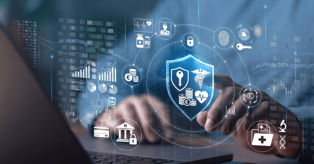 A wide horizontal banner displays a high-tech, digital concept of secure data management. In the foreground, a person's hands are visible using a laptop, with one finger pointing toward a glowing blue shield icon that contains various symbols, including a key, Euro coins, a medical caduceus, and a heart monitor. This central icon represents an integrated personal portfolio. Surrounding the shield is a circular network of smaller icons representing different areas of digital data, such as a doctor, medicine bottles, a bank, and credit cards. The left side features a stack of bar and pie charts next to a currency stack with a Euro symbol. The right side includes the text 'EUROPEAN DATA COMPLIANCE 2026' above a microscope and a folder with a cross and a medical snake symbol. The entire image is overlaid with layers of binary code and data visualizations against a deep blue background.